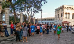 CUBA-QUAKE<br>Workers leave the building of the Lonja del Comercio (Commerce Market) building after a quake in Havana on January 28, 2020. - A major 7.7 magnitude quake struck Tuesday in the Caribbean northwest of Jamaica, the US Geological Survey reported, raising the risk of tsunami waves in the region. (Photo by ADALBERTO ROQUE / AFP) (Photo by ADALBERTO ROQUE/AFP via Getty Images)