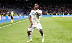 Vinícius Júnior celebrates his goal against Atlético in the Copa del Rey quarter-final.