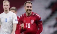 Christian Eriksen celebrates after scoring for Denmark against Iceland in November 2020.