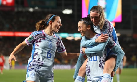 Aitana Bonmatí (left) celebrates with Jennifer Hermoso after setting her teammate up for Spain’s fifth goal.