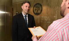 David Smith hand-delivers the teachers’ manifesto to the office of US education secretary Betsy DeVos.