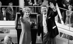 Reagan President Ronald Reagan and first lady, Nancy Reagan, wave to onlookers following the swearing-in ceremony. 