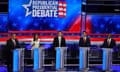 Chris Christie, Nikki Haley, Ron DeSantis, Vivek Ramaswamy and Tim Scott at the NBC News debate in Miami.