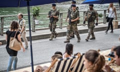 French soldiers on patrol during the Paris Plage season along the river Seine in central Paris