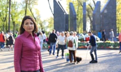 Katya Adler at a memorial to Soviet soldiers in Latvia