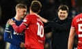 Carabao Cup - Semi-Final - Second Leg - Chelsea v Middlesbrough<br>Soccer Football - Carabao Cup - Semi-Final - Second Leg - Chelsea v Middlesbrough - Stamford Bridge, London, Britain - January 23, 2024
Chelsea manager Mauricio Pochettino with Chelsea's Cole Palmer and Middlesbrough's Morgan Rogers after the match REUTERS/Dylan Martinez NO USE WITH UNAUTHORIZED AUDIO, VIDEO, DATA, FIXTURE LISTS, CLUB/LEAGUE LOGOS OR 'LIVE' SERVICES. ONLINE IN-MATCH USE LIMITED TO 45 IMAGES, NO VIDEO EMULATION. NO USE IN BETTING, GAMES OR SINGLE CLUB/LEAGUE/PLAYER PUBLICATIONS.