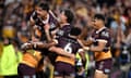 Broncos players celebrate following a try by Billy Walters during the NRL preliminary final against the New Zealand Warriors at Brisbane’s Suncorp Stadium.