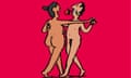 Illustration of a naked man and woman dancing together. The man as a rose in his mouth