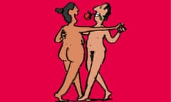 Illustration of a naked man and woman dancing together. The man as a rose in his mouth