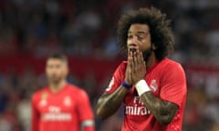 Marcelo reacts with horror at the end of Real Madrid’s 3-0 capitulation to Sevilla at the Ramón Sánchez Pizjuán just a couple of hours after Barcelona had succumed to bottom side Leganés. 