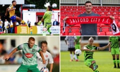 Clockwise from top left: Alistair Smith scores for Mansfield; Kyle Letheren joins Salford; Joseph Mills of Forest Green; and Plymouth’s Ryan Taylor.