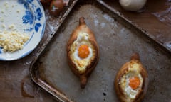 Khachapouri: a cheesy, eggy buttery bread bowl form Georgia.