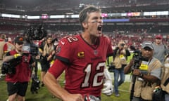 Tom Brady celebrates after his team’s comeback on Monday Night Football