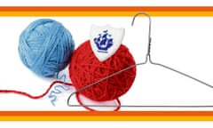 Composite of a Blue Peter badge, balls of wool and a coat hanger