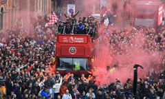 The Sheffield United players and the manager, Chris Wilder, wave to the fans during the promotion parade in Sheffield city centre