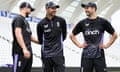 England mentor and bowling coach Jimmy Anderson, with Chris Woakes and Mark Wood during a nets session at Trent Bridge on Tuesday.
