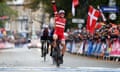 2019 UCI Road Cycling World championships<br>epa07880002 Mads Pedersen of Denmark celebrates winning the Elite Men's Road Race during the UCI Road Cycling World championships in Harrogate, Britain. 29 September 2019.  EPA/NIGEL RODDIS