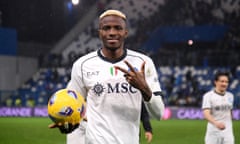 Napoli’s Victor Osimhen holds the match ball after his ruthless treble at Sassuolo