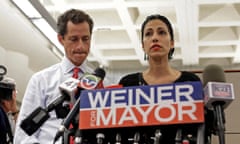 Anthony Weiner, Huma Abedin<br>New York mayoral candidate Anthony Weiner, left, listens as his wife, Huma Abedin, speaks during a news conference at the Gay Men’s Health Crisis headquarters, Tuesday, July 23, 2013, in New York. The former congressman says he’s not dropping out of the New York City mayoral race in light of newly revealed explicit online correspondence with a young woman. (AP Photo/Kathy Willens)