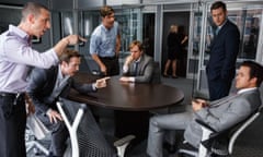 This photo provided by Paramount Pictures shows, Jeremy Strong, from left, Rafe Spall, Hamish Linklater, Steve Carell, Jeffry Griffin and Ryan Gosling in the film, “The Big Short.”