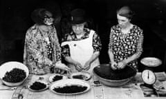 Members of the Women’s Institute weigh and stone cherries in order to make jam, 1934.