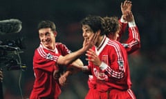 Liverpool’s Robbie Fowler celebrates with Jamie Redknapp at the End of the match.