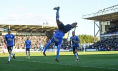 Nathanael Ogbeta of Peterborough United celebrates scoring his side's second goal in the League One victory over Derby on 25 March 2023.