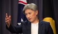 Foreign Minister Penny Wong at a press conference in the blue room of Parliament House in Canberra this afternoon. Monday 5th February 2024. Photograph by Mike Bowers. Guardian Australia.