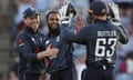 England’s spin bowler Adil Rashid celebrates with captain Eoin Morgan and wicket keeper Jos Buttler after dismissing West Indies’ Oshane Thomas to win by 30 runs the fourth One Day International cricket at the National Stadium in St. George’s, Grenada, Wednesday, Feb. 27, 2019. (AP Photo/Ricardo Mazalan)