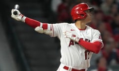 LA Angels starting pitcher Shohei Ohtani follows through on a home run in the seventh inning of Tuesday’s game against the Chicago White Sox at Angel Stadium.