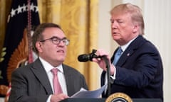 White House event on the Trump administration’s environmental policies<br>epaselect epa07704294 US President Donald J. Trump (R) adjusts a microphone for Administrator of the US Environmental Protection Agency Andrew Wheeler (L), during an event held to discuss the Trump administration’s environmental and energy policies; in the East Room of the White House in Washington, DC, USA, 08 July 2019. EPA/MICHAEL REYNOLDS