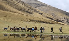 the group and llamas walk past Lake Sacracocha. south of Ayash.