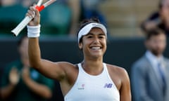 Heather Watson celebrates her 6-1, 7-6 (5) victory over Belgium’s Maryna Zanevska in the first round at Wimbledon