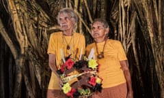 Elaine "Garrgal" Thomas (left) and Theresa "Karawi" Dewar with the wreath that was laid on Anzac Day.