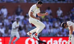 Cricket Australia vs England<br>epa09647692 Mitchell Starc of Australia celebrates taking the wicket of Jos Buttler of England on day 3 of the Second Ashes Test between Australia and England at the Adelaide Oval, in Adelaide, Australia, 18 December 2021.  EPA/MATT TURNER AUSTRALIA AND NEW ZEALAND OUT