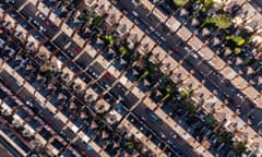 Aerial view directly above above rows of back-to-back terrace houses