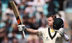 Steve Smith celebrates reaching his century against India in the World Test Championship final at the Oval.