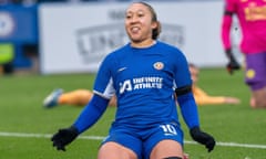 Lauren James celebrates after scoring during Chelsea’s dominant win over Leicester