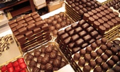 A display of different kinds of chocolates in a shop.