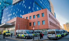 the Royal London Hospital, east London.Patient transport Ambulances waiting at the Accident and Emergency Department to take patients to other locations or home. Outside the Royal London Hospital in Whitechapel. London is in national Lockdown 3 and pressure on beds in the NHS remains high.
Ambulances at A&E at the Royal London Hospital in Whitechapel., Royal London Hospital, Whitechapel, London, UK - 22 Jan 2021