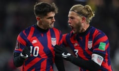 Christian Pulisic and Walker Zimmerman celebrate USA’s third goal against Honduras