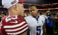 San Francisco 49ers running back Christian McCaffrey greets Detroit Lions running back David Montgomery after their win in the NFC Championship NFL football game in Santa Clara, Calif., Sunday, Jan. 28, 2024. (AP Photo/David J. Phillip)