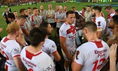 England’s Sam Burgess speaks to his team after the final.