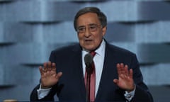 The former secretary of defense Leon Panetta attempts to quiet the crowd during his speech at the Democratic national convention in Philadelphia.
