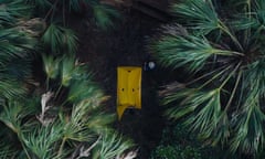 a yellow tent between trees photographed from above