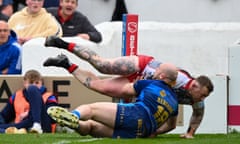 Leigh’s Josh Charnley goes over in the corner against Wakefield Trinity