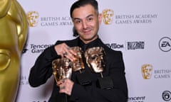 Tameem Antoniades, co-founder of Ninja Theory, with Baftas won by Hellblade: Senua’s Sacrifice.