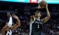 The Spurs' Victor Wembanyama shoots over the Blazers' Justin Minaya during the second half of Sunday’s game.