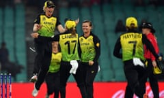 Australia’s players celebrate after winning the semi-final against South Africa.