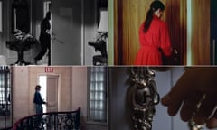 four stills from Christian Marclay’s Doors, 2022, of a black and white film of a man exiting through a door, a woman in red either opening or closing a door, a closeup of a hand about to turn a key in a lock, and a person about to go through a door with an exit sign above it